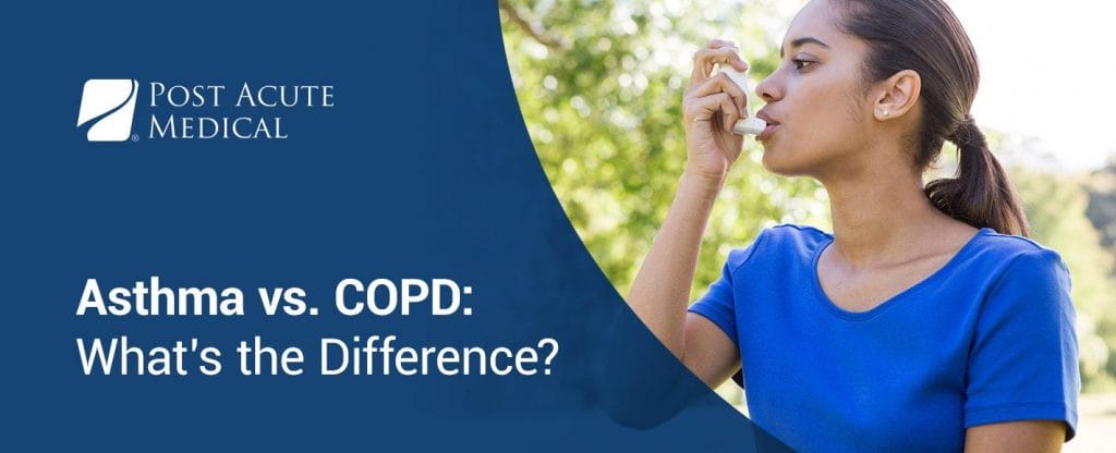 Woman using an inhaler outdoors with text discussing the differences between asthma and COPD